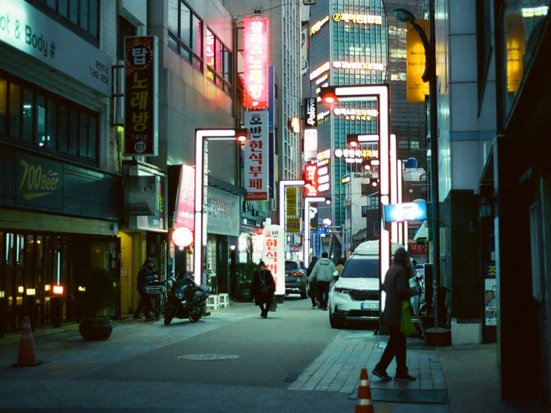 Neon-lit street photographed on CineStill 800T film