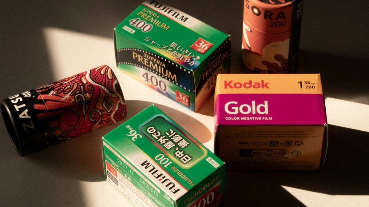 35mm film rolls arranged in warm window light