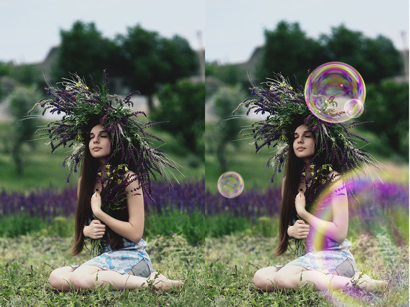 Before and after Photoshop bubble overlay effect on a portrait in a lavender field