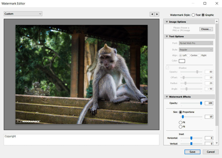 Lightroom Classic Watermark Editor with a NUUGRAPHICS graphic watermark on a monkey photo