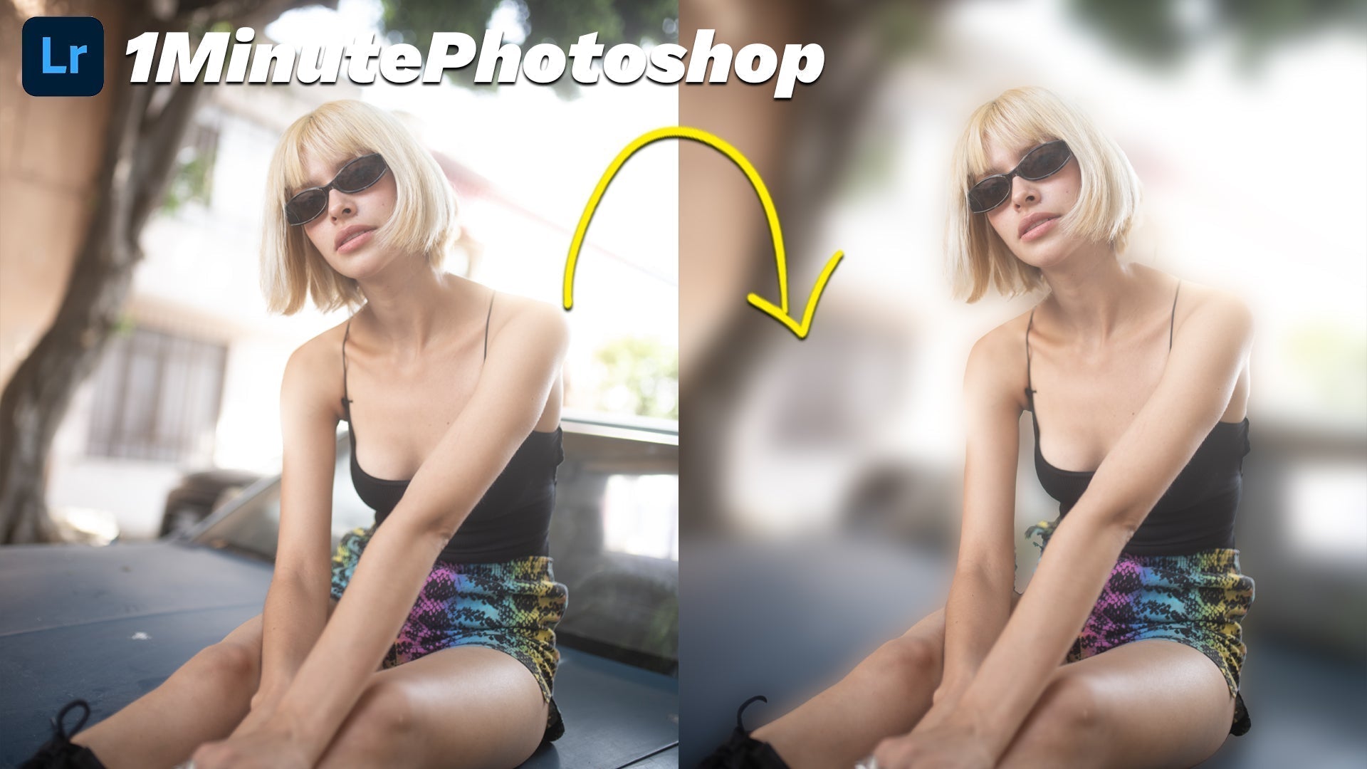 Side-by-side portrait showing the original background and a blurred background in Photoshop